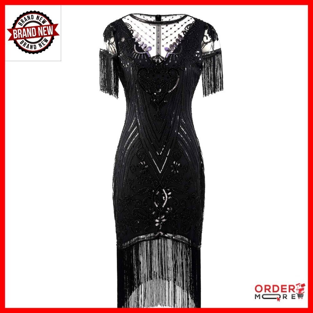 1920s Art Deco Flapper Dress with Sequins and Lace Neck Sleeves